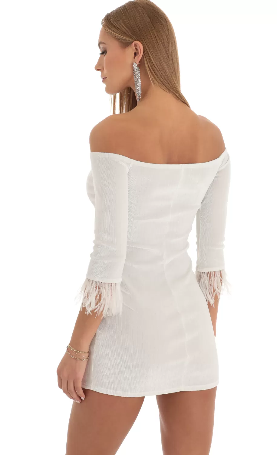 Delores Velvet Feather Off The Shoulder Dress In White^LUCY IN THE SKY Cheap