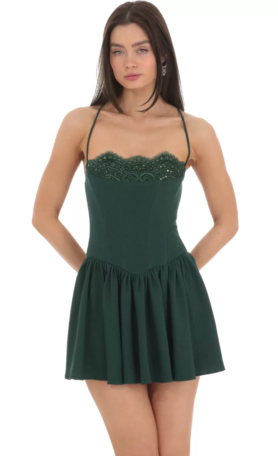 Embroidered Sequin Corset A-line Dress In Green^LUCY IN THE SKY Cheap