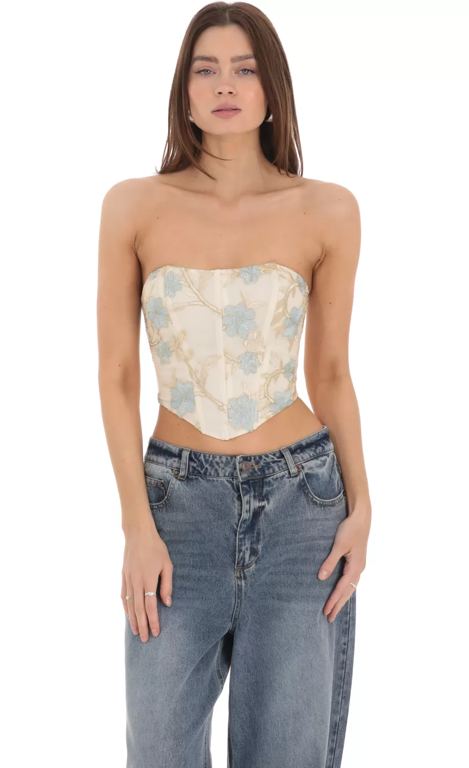 Floral Embroidered Corset Top On Cream^LUCY IN THE SKY Store