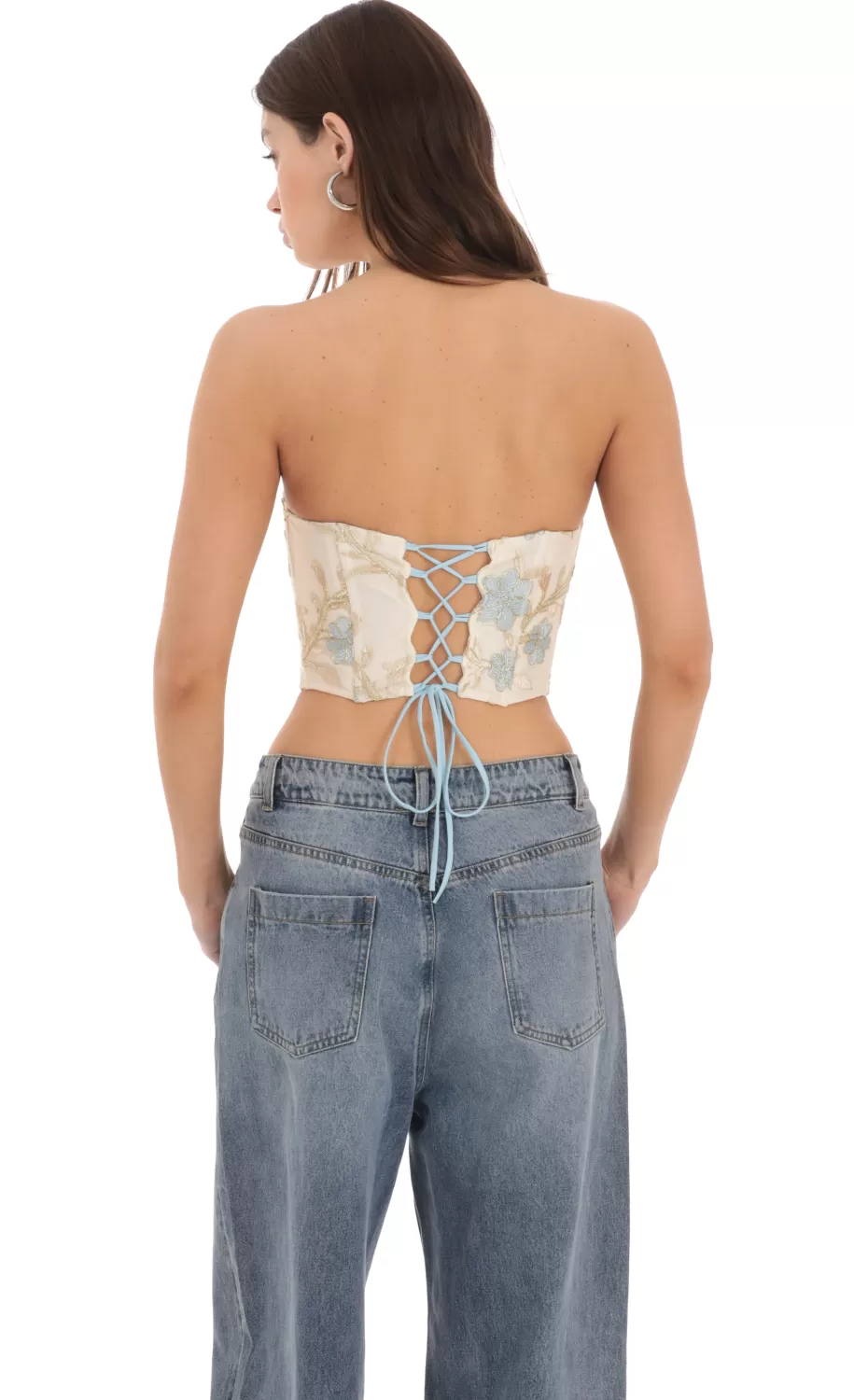 Floral Embroidered Corset Top On Cream^LUCY IN THE SKY Store