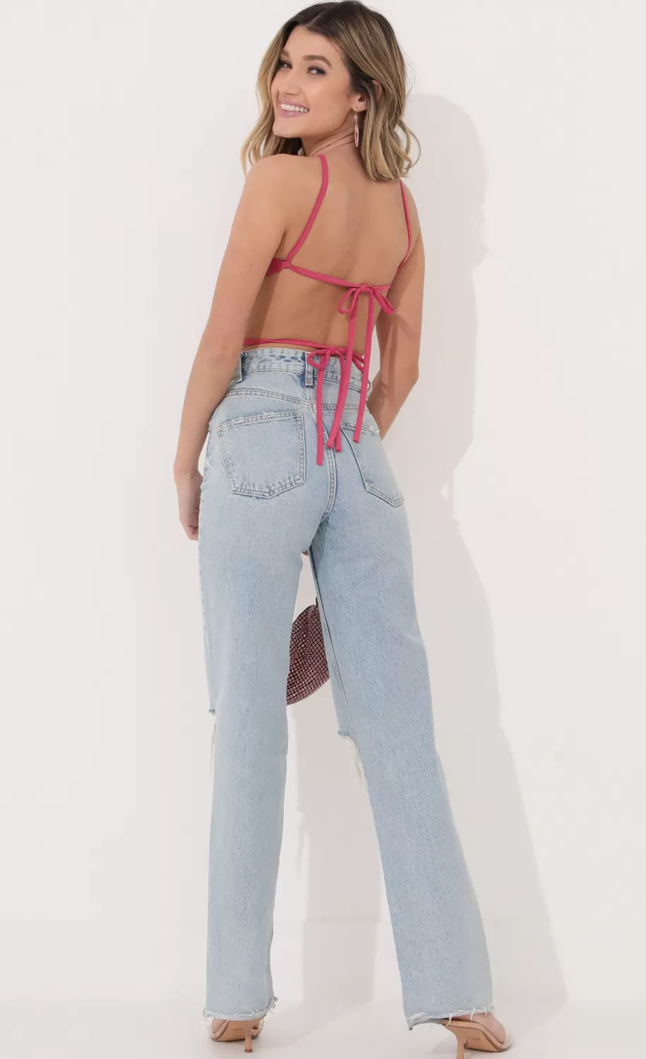 Halter Crop Top In Pink Shimmer^LUCY IN THE SKY Fashion