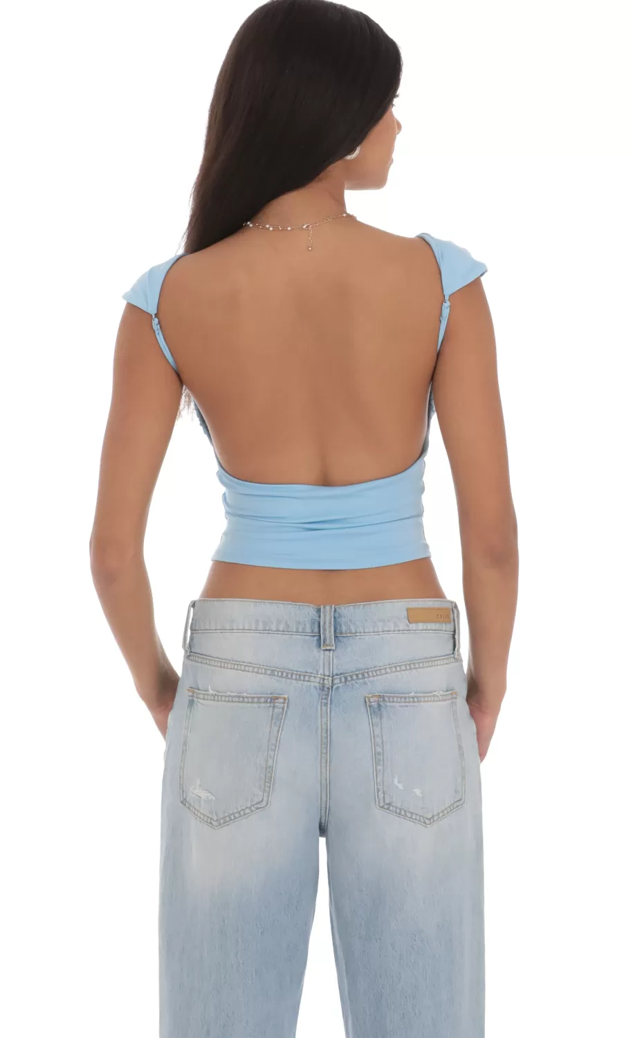 High Neck Open Back Top In Light Blue^LUCY IN THE SKY Store