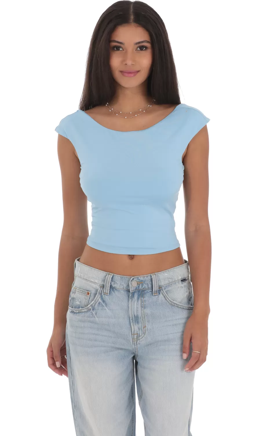 High Neck Open Back Top In Light Blue^LUCY IN THE SKY Store