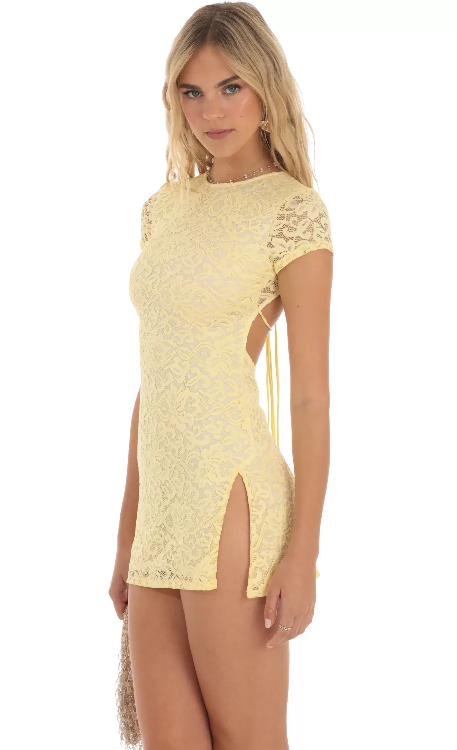 Lace Open Back Mini Dress In Yellow^LUCY IN THE SKY Discount