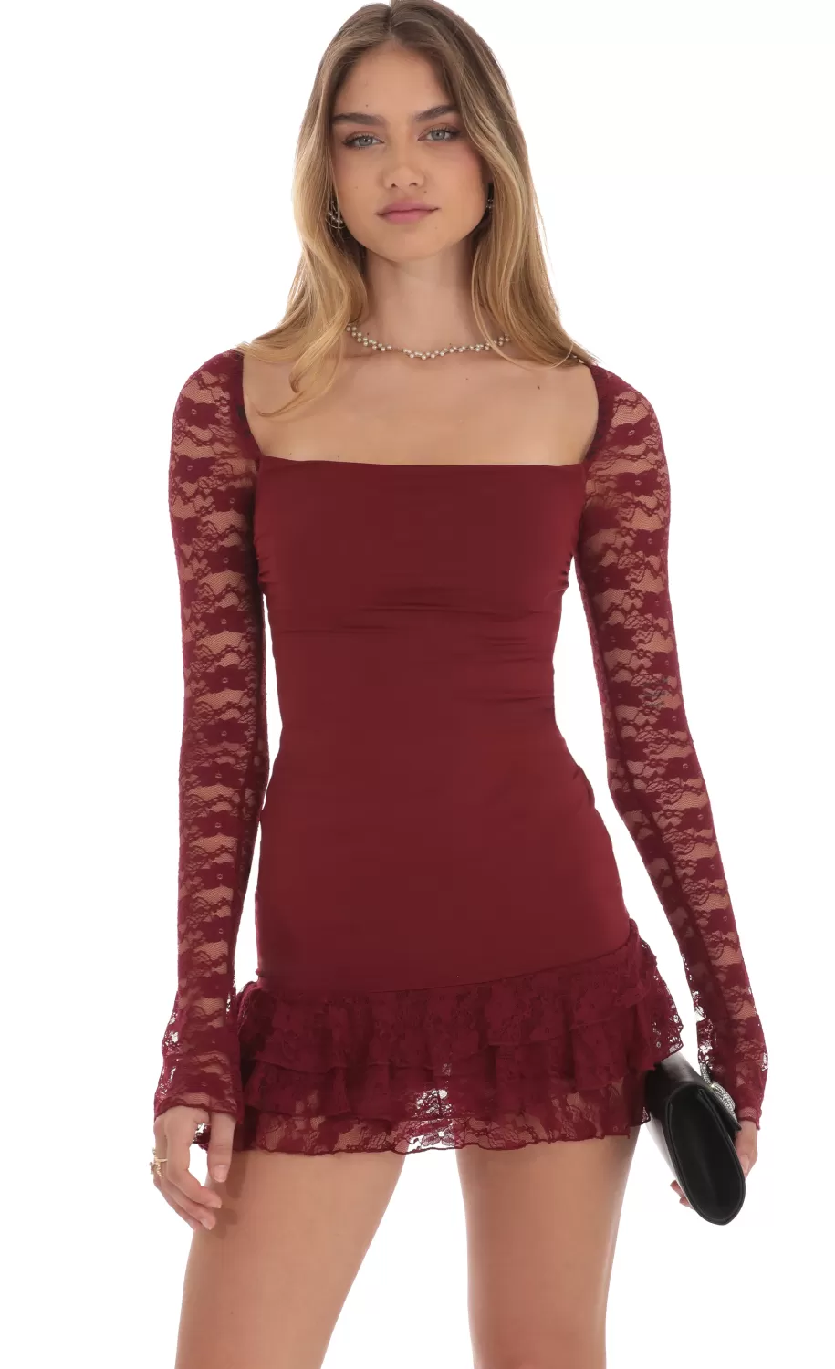 Lace Ruffle Bodycon Dress In Maroon^LUCY IN THE SKY Discount