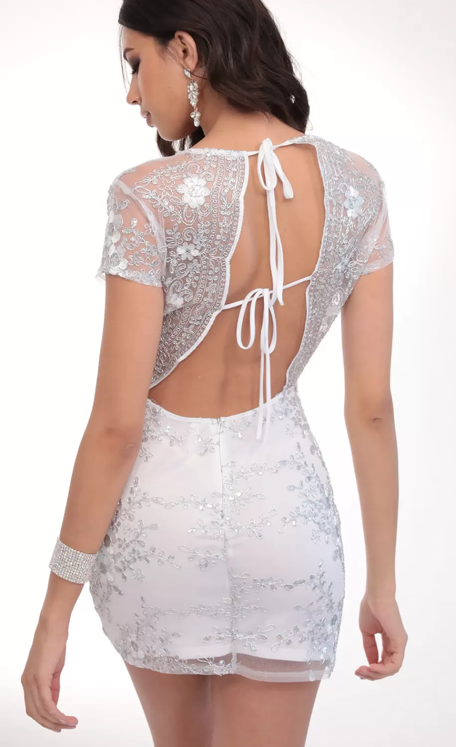Lani Sequin Plunge Lace Dress In White^LUCY IN THE SKY Best Sale