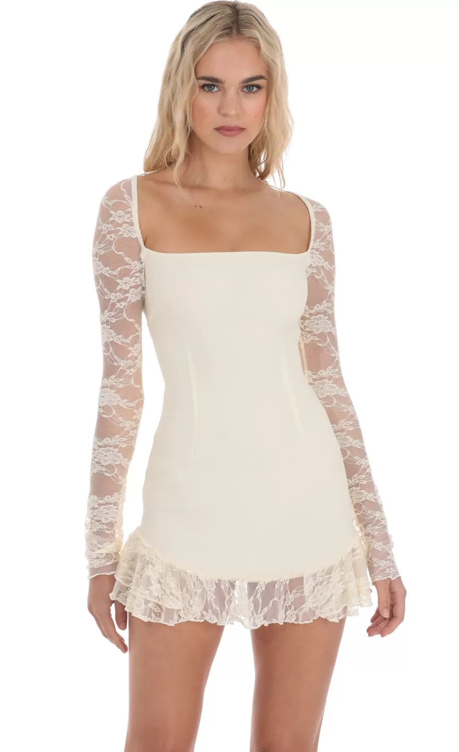 Long Lace Sleeve Ruffle Dress In Cream^LUCY IN THE SKY Cheap