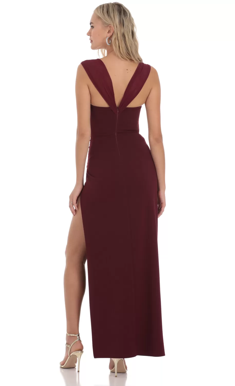 Mesh Draped Corset Maxi Dress In Burgundy^LUCY IN THE SKY Outlet