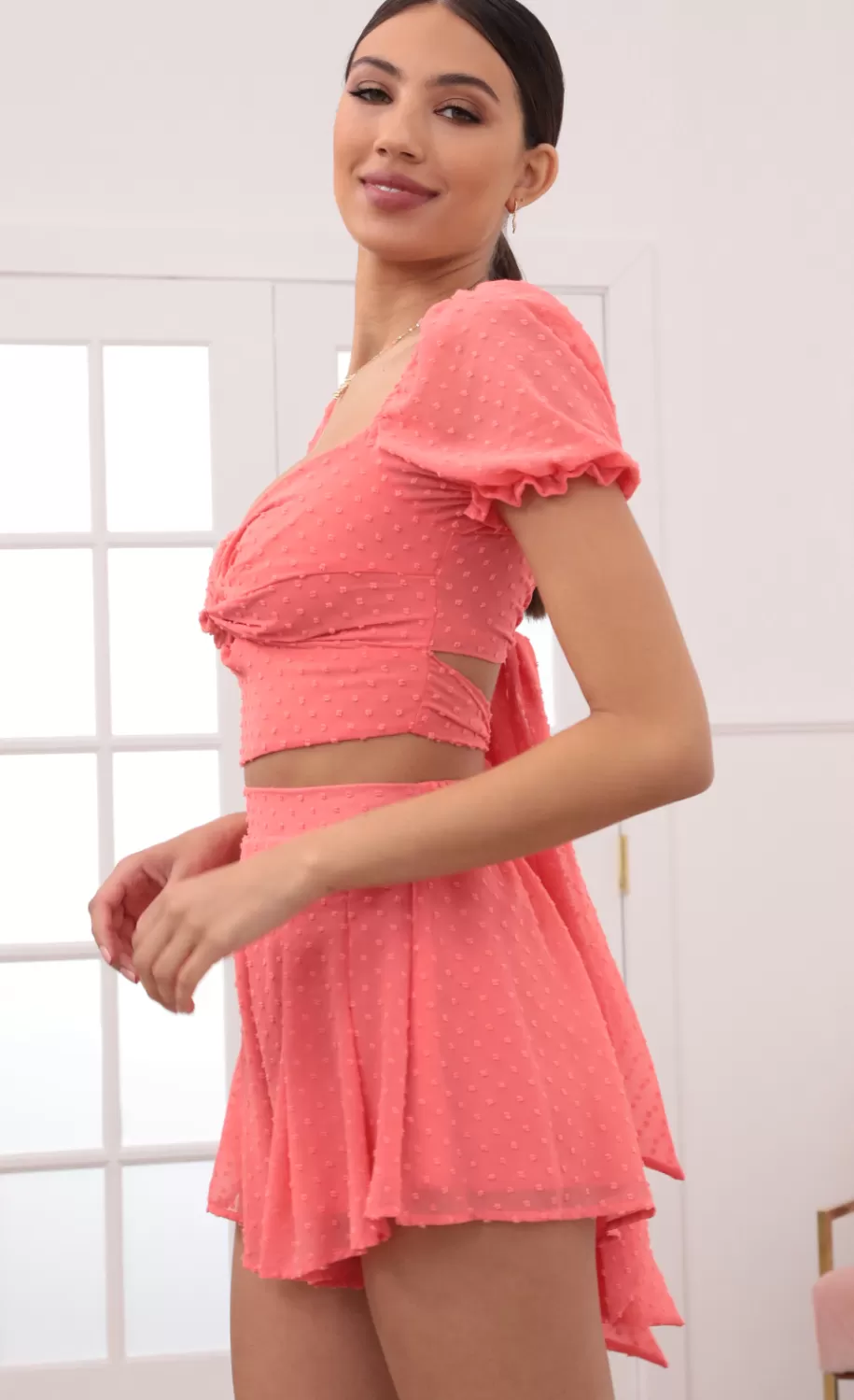 Puff Sleeve Chiffon Set In Coral Dots^LUCY IN THE SKY Discount