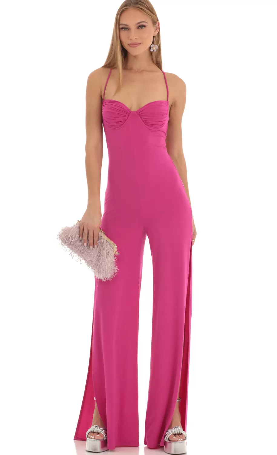 Ruched Sweetheart Bust Slit Jumpsuit In Fuchsia^LUCY IN THE SKY Flash Sale