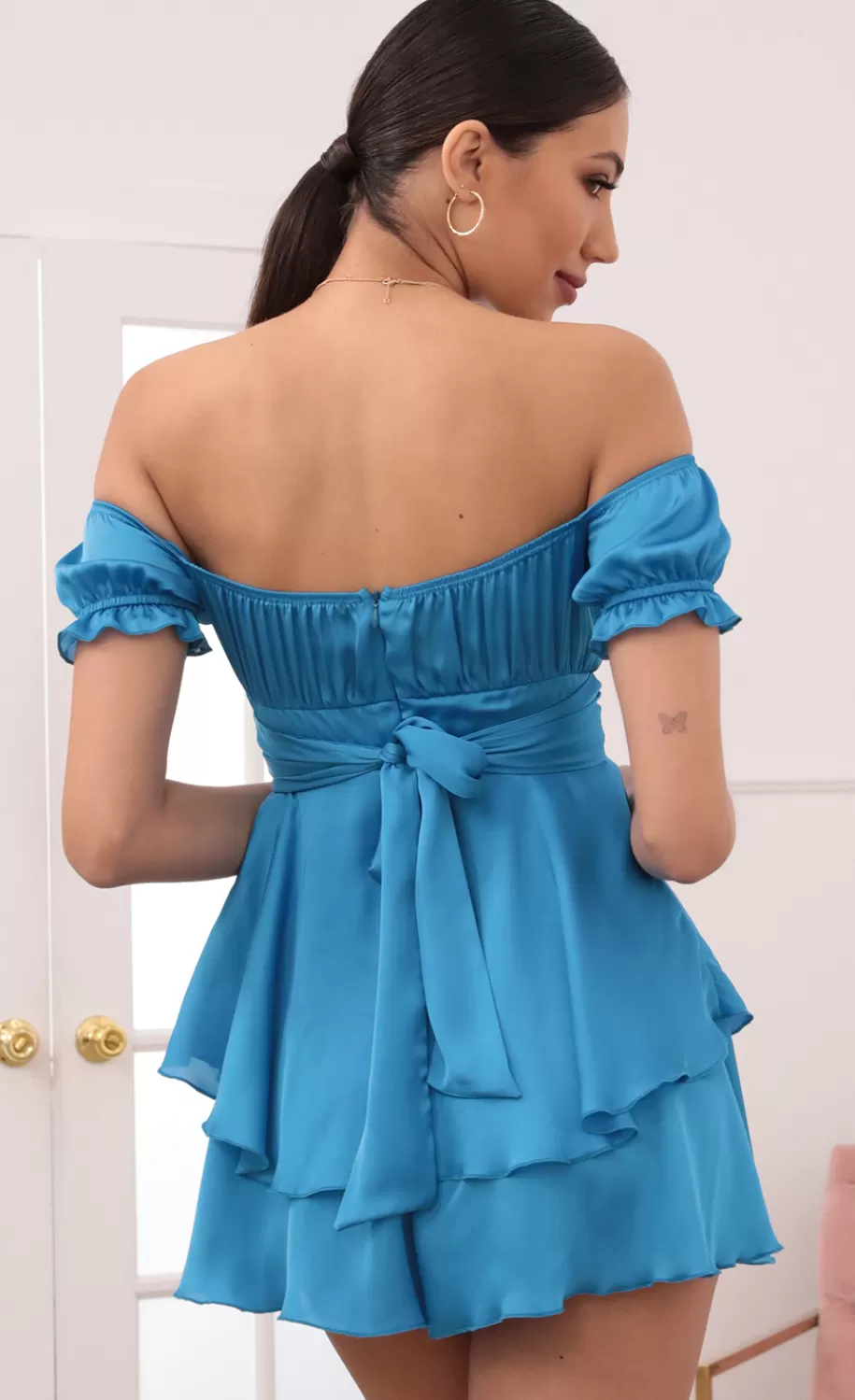 Ruched Wrap Tie Romper In Satin Cyan^LUCY IN THE SKY Clearance