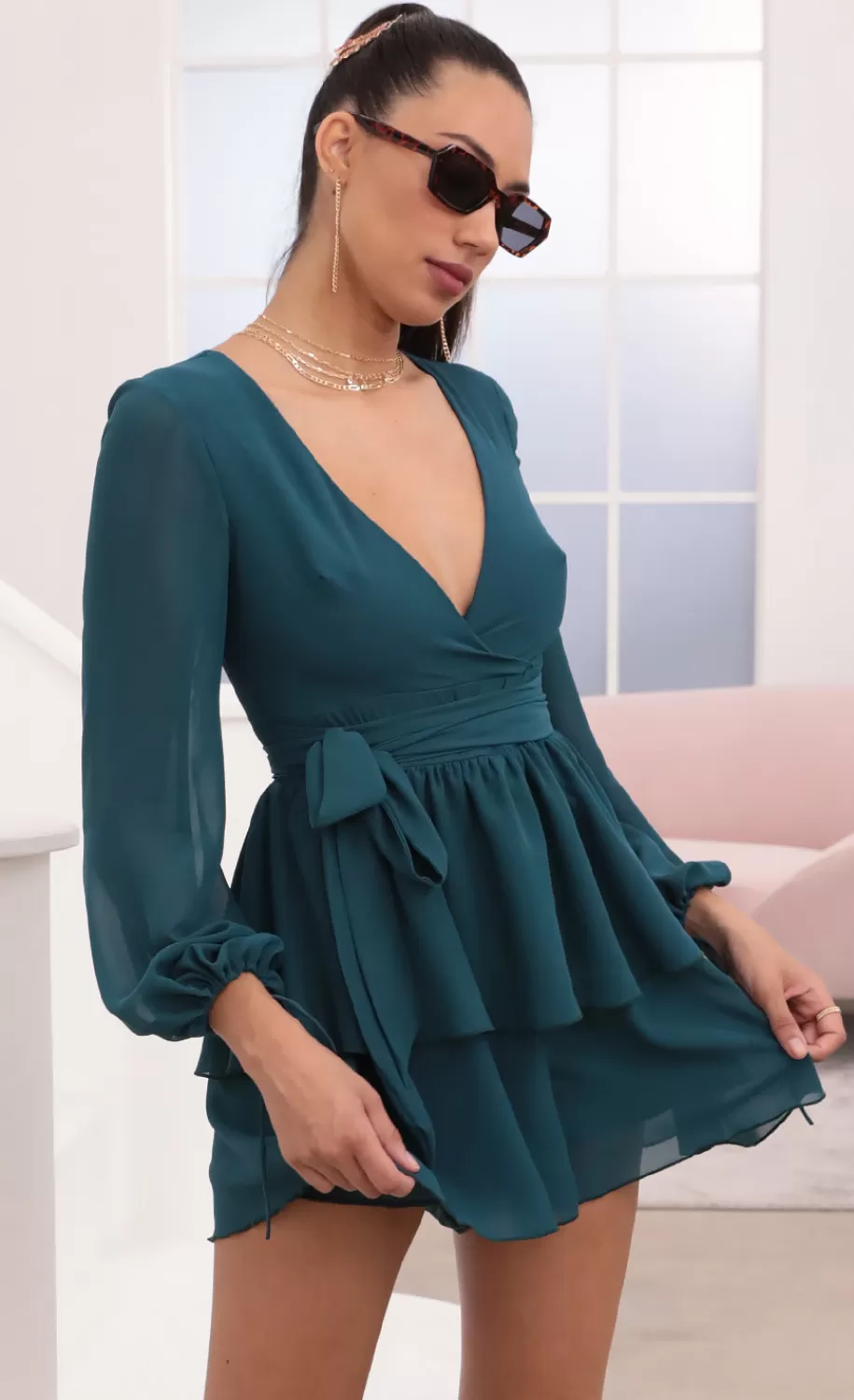 Ruffled Romper In Hunter Green Chiffon^LUCY IN THE SKY Best