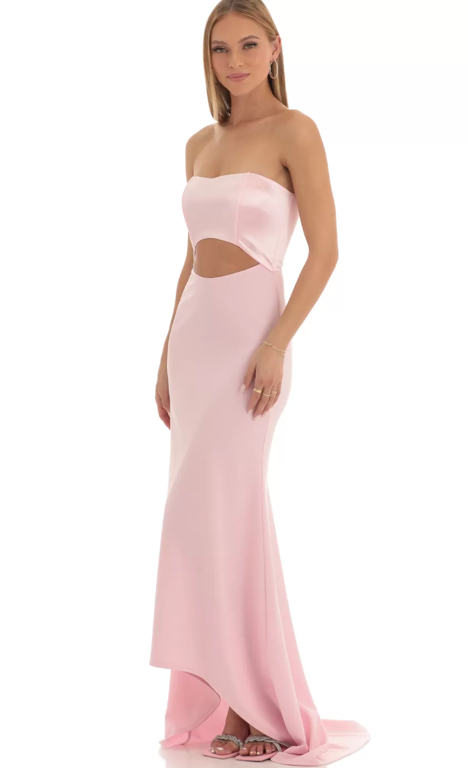 Satin Corset High Low Crepe Maxi Dress In Pink^LUCY IN THE SKY Discount