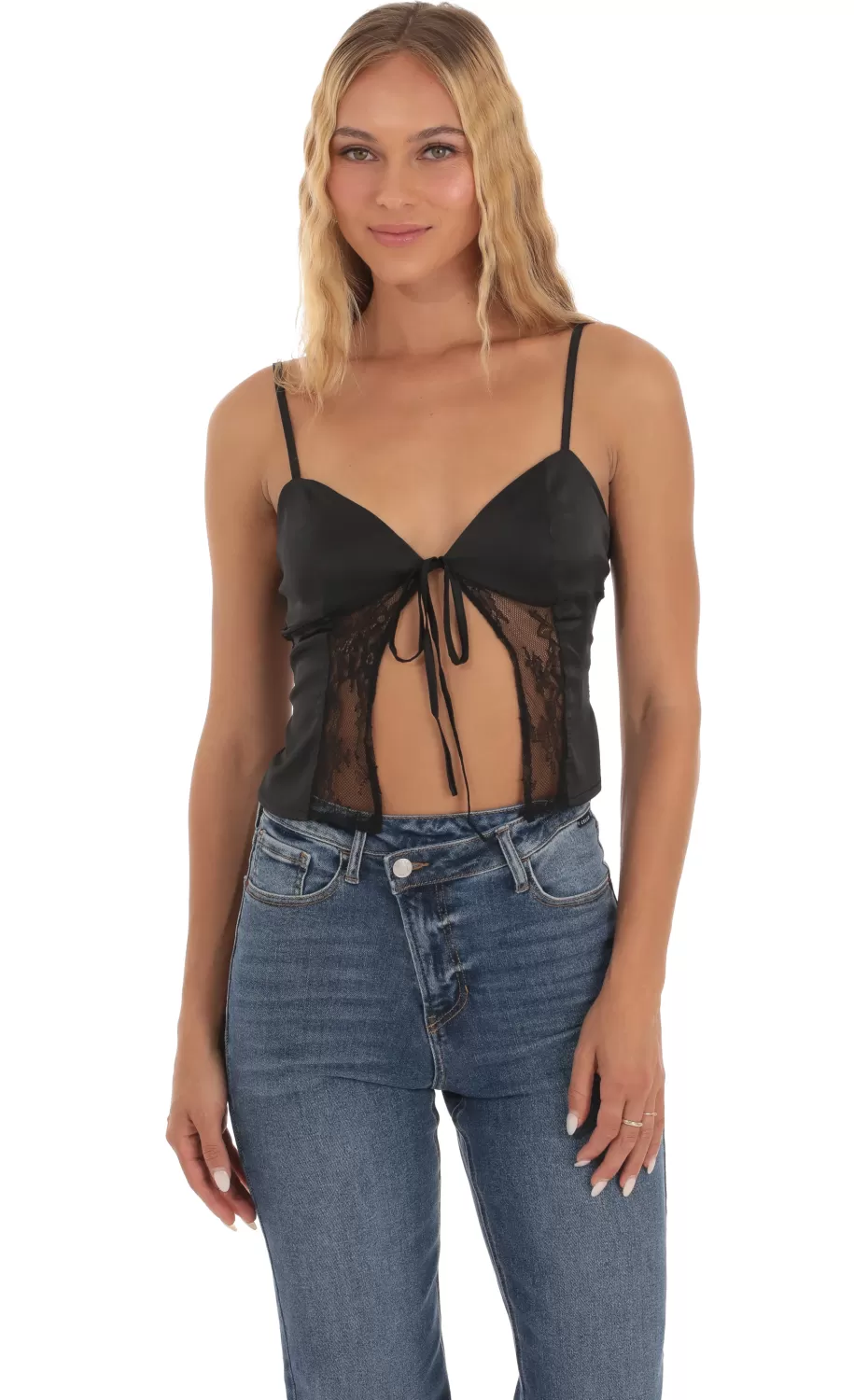 Satin Lace Top In Black^LUCY IN THE SKY Cheap