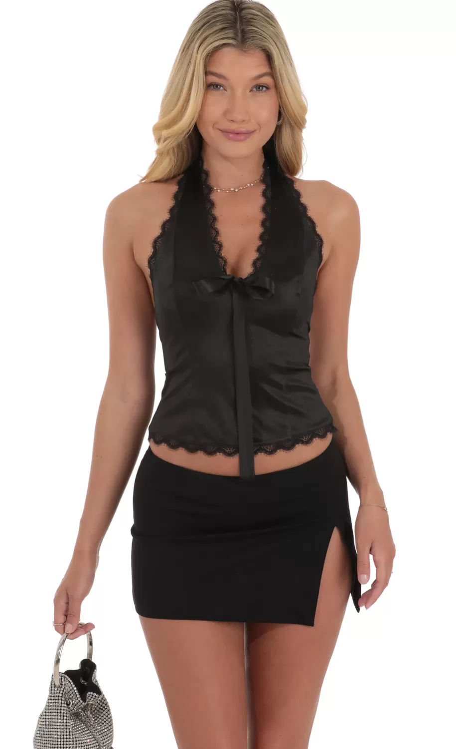 Satin Plunge Neck Top In Black^LUCY IN THE SKY Flash Sale