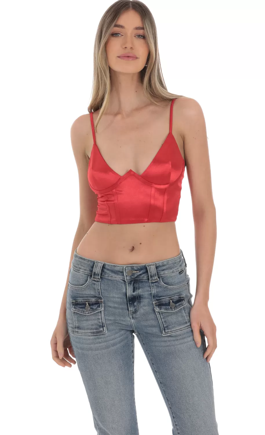 Satin V-Neck Crop Top In Red^LUCY IN THE SKY New