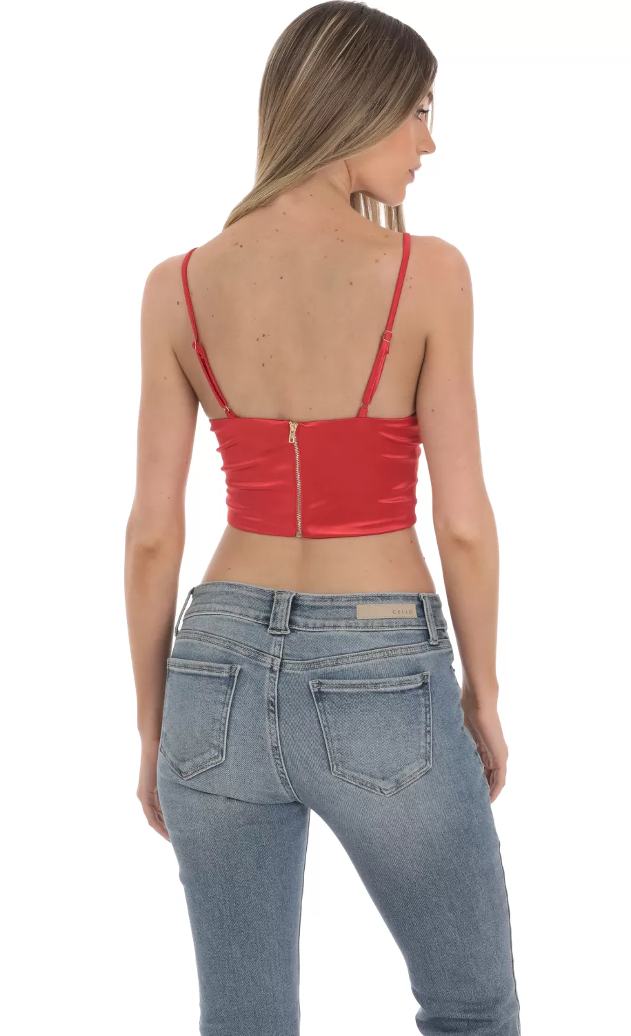 Satin V-Neck Crop Top In Red^LUCY IN THE SKY New