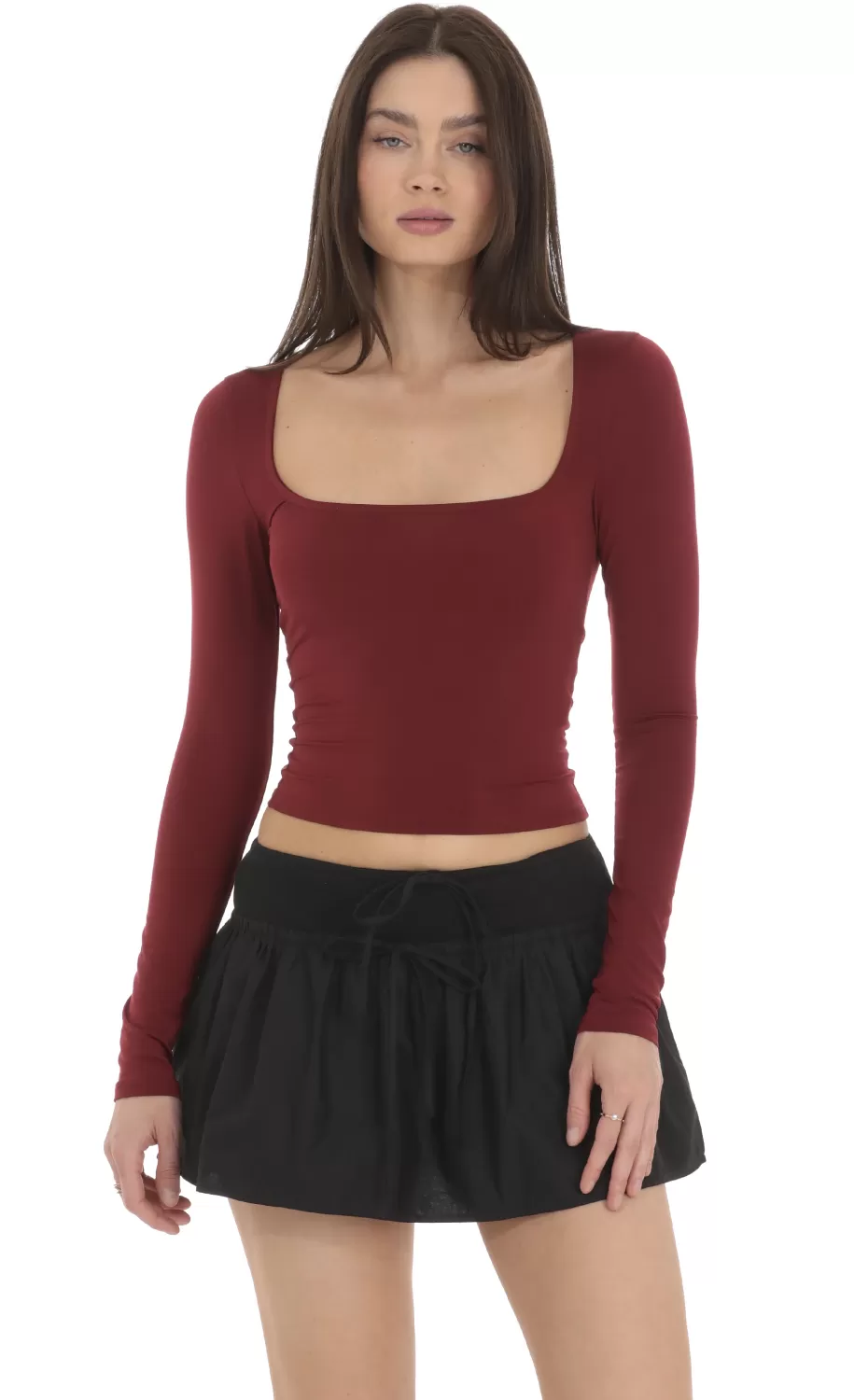 Scoop Neck Long Sleeve Top In Maroon^LUCY IN THE SKY Shop