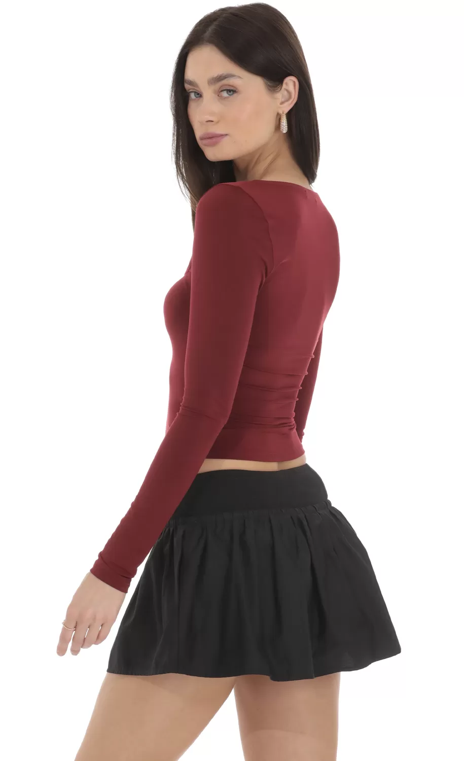 Scoop Neck Long Sleeve Top In Maroon^LUCY IN THE SKY Shop