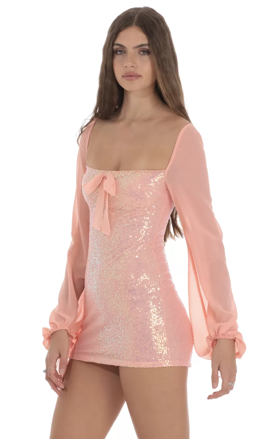 Sequin Balloon Sleeve Bodycon Dress In Coral^LUCY IN THE SKY Discount