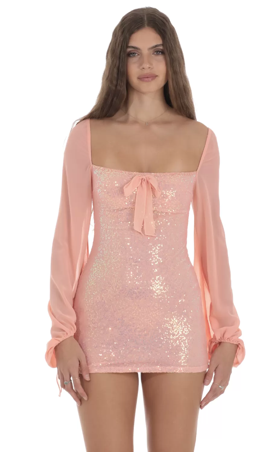 Sequin Balloon Sleeve Bodycon Dress In Coral^LUCY IN THE SKY Discount