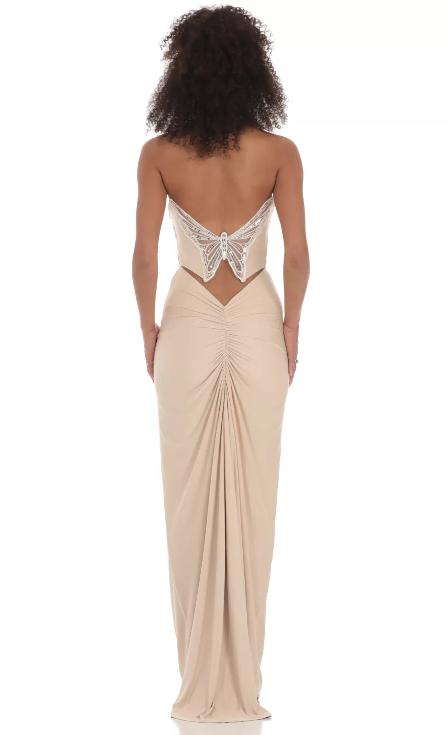 Strapless Corset Sequin Butterfly Maxi Dress In Beige^LUCY IN THE SKY Flash Sale