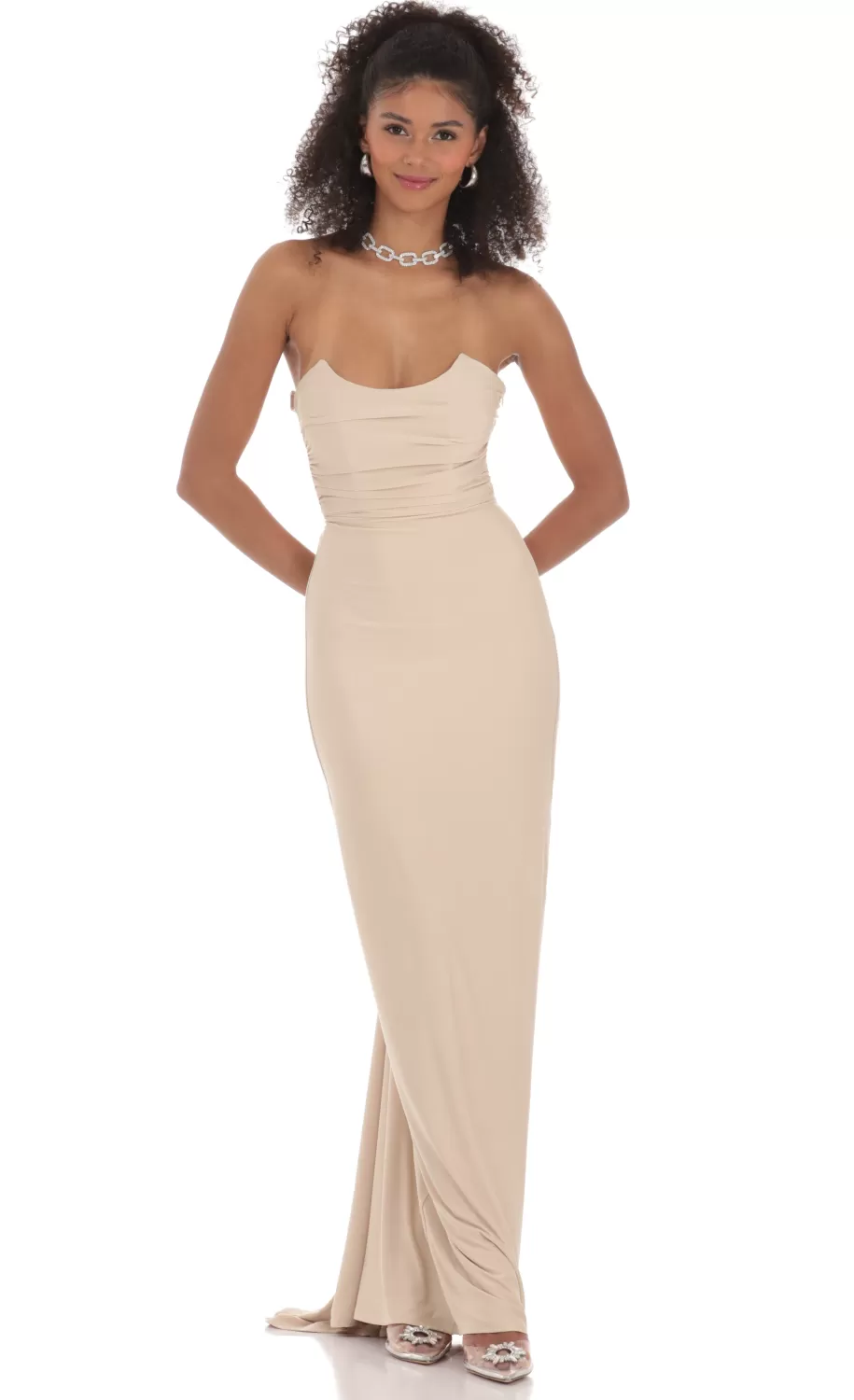 Strapless Corset Sequin Butterfly Maxi Dress In Beige^LUCY IN THE SKY Flash Sale