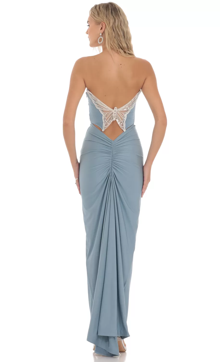 Strapless Corset Sequin Butterfly Maxi Dress In Blue^LUCY IN THE SKY Shop