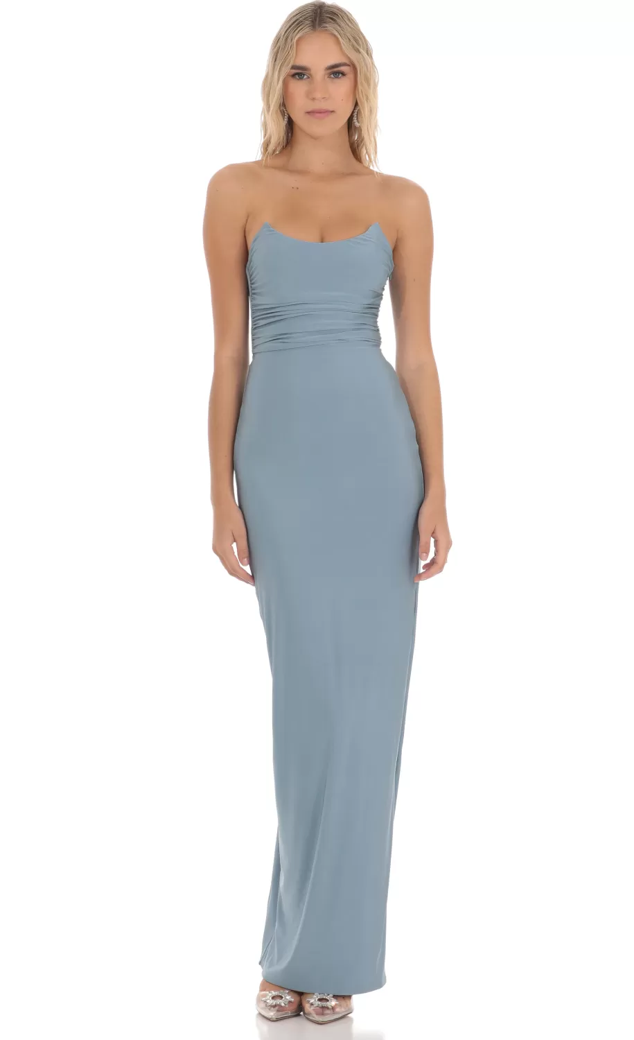 Strapless Corset Sequin Butterfly Maxi Dress In Blue^LUCY IN THE SKY Shop